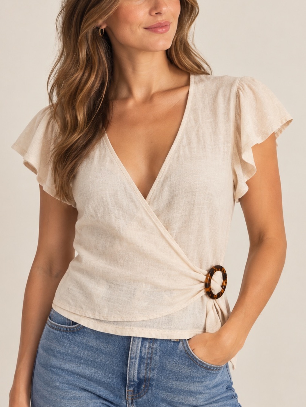 Banana Republic 100% Linen Wrap Top M Tortoise Buckle Flutter Sleeve